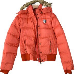 American Eagle Outfitters Orange Puffer Jacket Women’s M Faux Fur Hood Down Fill